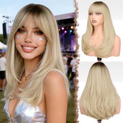 Perücke Damen Lang Blond mit Pony Synthetik 45cm Party Cosplay Hitzebeständig