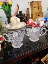 Vintage Pressed and Cut Glass Crystal and Creamer and Sugar Set
