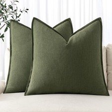 Decorative Linen Pillow Covers 18x18 Inch Dark Olive Green Boho Farmhouse Neu...