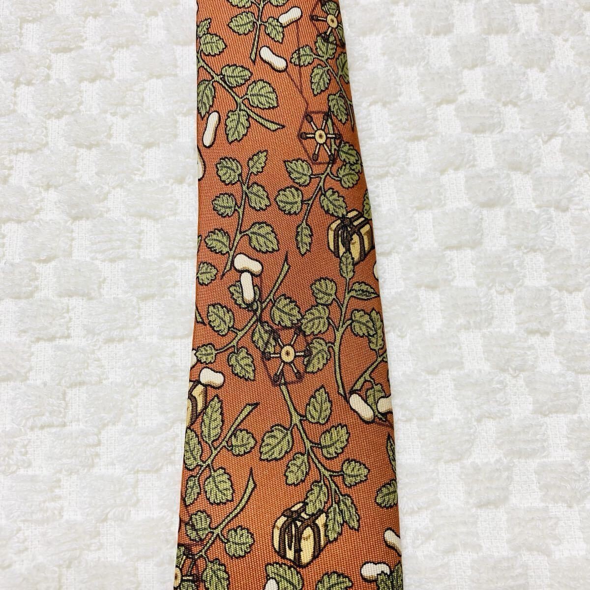 HERMES Tie Silkworm Sericulture Mulberry Leaves Cocoon Raw Silk All over Pattern thumbnail 9