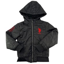 U.S. Polo Assn Boys Puffer Jacket XS 4-5 Black Hooded Full Zip Winter Coat