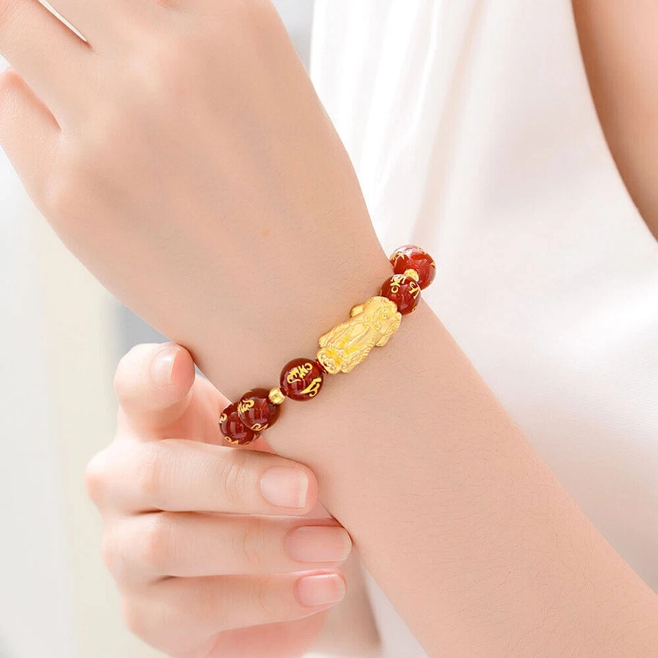 Brazalete real de oro amarillo de 24K para mujer 3D Pixiu con eslabón de ágata roja de 10 mm 7,5 pulgadas L Foto 4 de 4