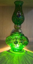 Vintage Emerald Green Glass Oil Lamp - Hand-Painted Gold Details - Historical Po