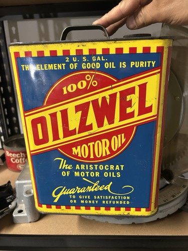Oilzwel Motor Oil Can 2 Gallon Yellow Red Blue Gas & Oil Advertising Collectible