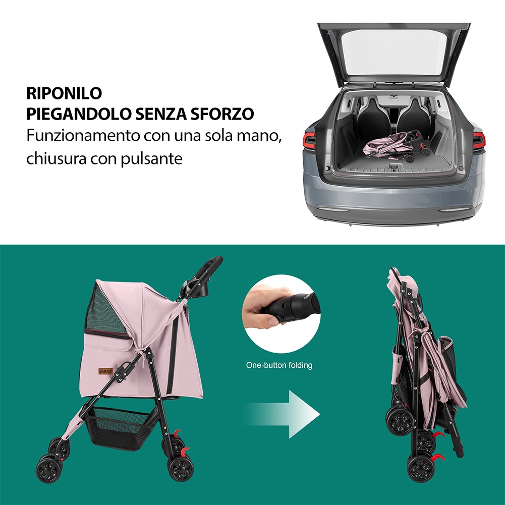 Passeggino per Cani e Gatti Carrozzina Animali Domestici Pieghevole Rosa 30Kg foto 5