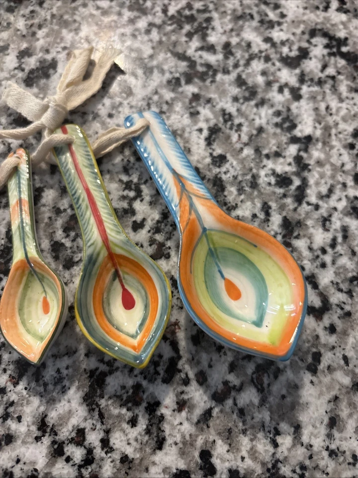 Pier 1 Handcrafted Ceramic Measuring Spoons Set of 4 Peacock Design - Image 4 of 4