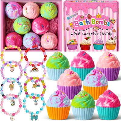 Bath Bombs for Kids with Surprise Jewelry Toys Inside, 8 Cupcake Bath Bombs Gift