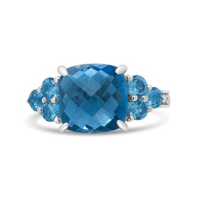 18K White Gold 10mm Cushion Shaped Blue Topaz and 1/6 Cttw Diamond Style Ring