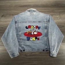 Vintage Looney Tunes Denim Jacket Mens Large Blue Bugs Bunny Taz USA Cartoon 90s