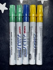 5X Uni-Paint PX-20 Oil-Based Paint Marker Medium Line  2xGREEN, 2xYELLOW, 1xBLUE