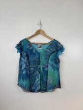 Vintage Phool Blue Green Button Up Short Sleeve Blouse V Neck Floral Size 18