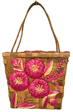 Vintage 60s Raffia Straw Woven Handbag Purse 3D Made By The Deaf