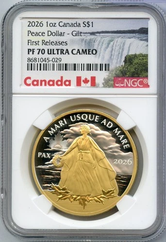 2026 Canada Peace Silver Dollar Gilt 1 Oz NGC PF70 $1 First Releases - JR248