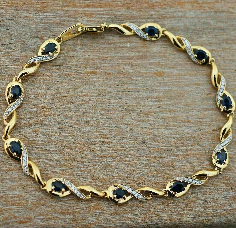 14K Yellow Gold Plated 5Ct Oval Cut Blue Sapphire Lab Created Women's Bracelet - Image 4 of 4