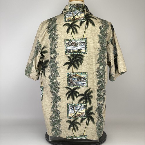 Tapa Threads L Aloha Button Beige Cotton Shirt Green Coconut Trees and Postcards - Picture 5 of 12