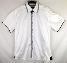 URBBANA Mens Button Up Dress Shirt Short Sleeve White Size XL Checkered Trim