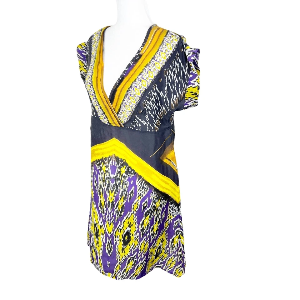 Vestido Kenar Mujer Mediano Púrpura Amarillo Sobrepelliz Seda Manga Corta Mini Informal Foto 2 de 4