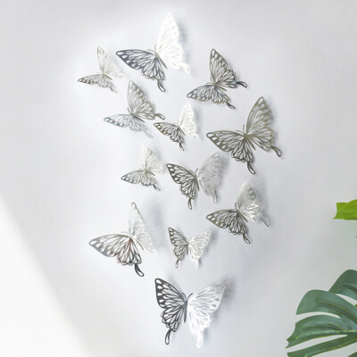 12 pcs 3d cute silver butterfly wall decor, party, wedding, diy