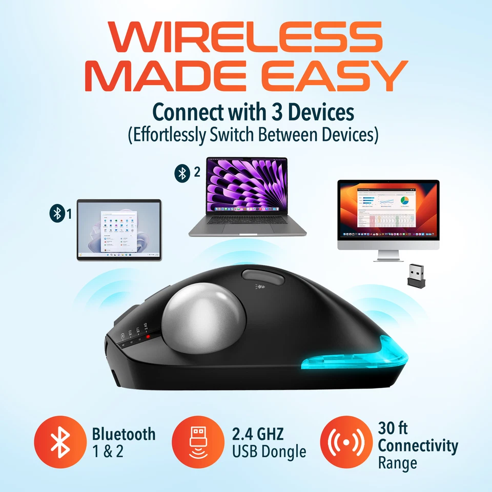 Delton T100 Wireless Trackball Mouse, Rechargeable Computer Mouse, Black - Image 4 of 4