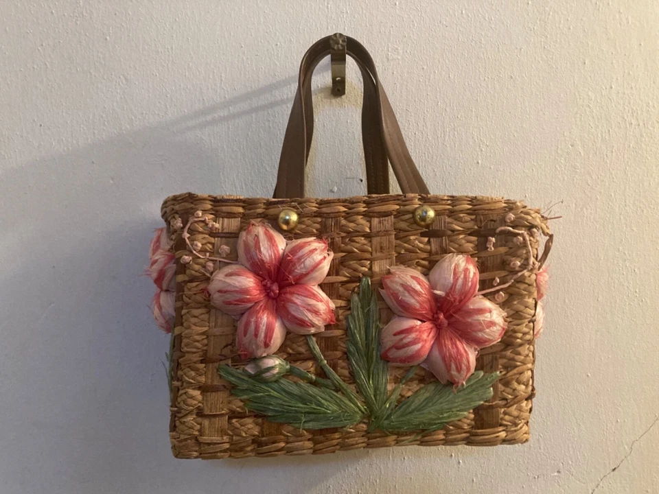 Bolso de mano floral tejido de paja para mujer, vintage, años 70, moderno de mediados de siglo