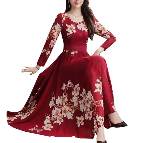 Mujeres Floral Manga Larga Ajustado Columpio Patinador Informal Largo Vestido Maxi Vestidos Fiesta - Imagen 11 de 13