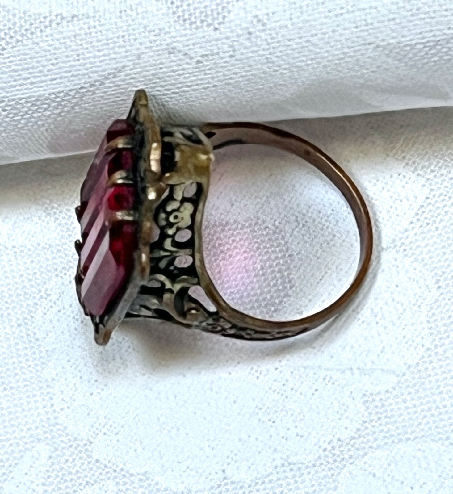 Vintage Art Deco Pinky Ring Czech Carved Glass in Brass Filigree