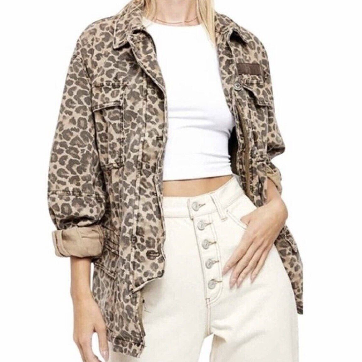 Free People Medium Leopard Twill Seize The Day Cargo Jacket Free People Medium Leopard Twill Seize The Day Cargo Jacket