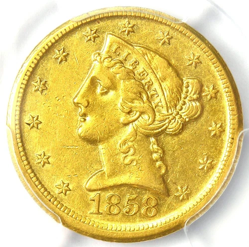 1858-D Liberty Gold Half Eagle $5 - PCGS AU Detail - Rare Dahlonega Coin!