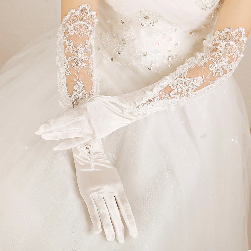 Hochzeit Braut Spitze Lange Handschuhe Stickerei Pailletten Blumen Voll Finger - Bild 2 von 4