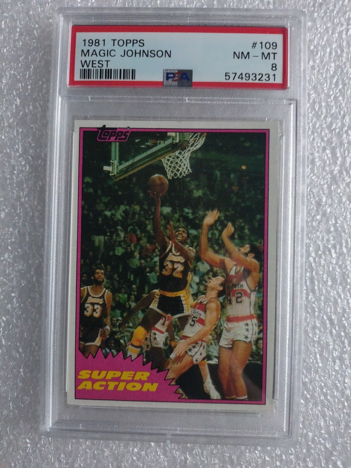 1981 Topps #109 West MAGIC JOHNSON Super Action PSA 8 NM-MT "Los Angeles Lakers"