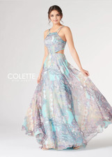 Colette Mon Cheri Gown Womens 2 Blue Multi Paisley Print Chiffon Open Back