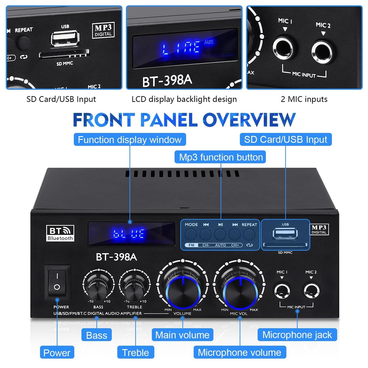 Amplificateur Audio BT-398A Bluetooth 5.0 - 60W X 2 - Radio FM, USB, SD, Entrée Micro - Pour Haut-Parleurs Passifs