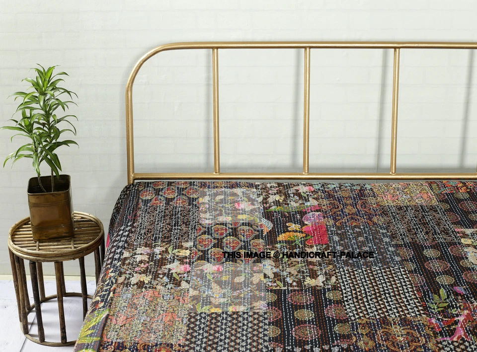Edredón Boho Kantha Reversible Ropa de Cama India Manta Algodón Retazos Negro Queen Foto 2 de 4