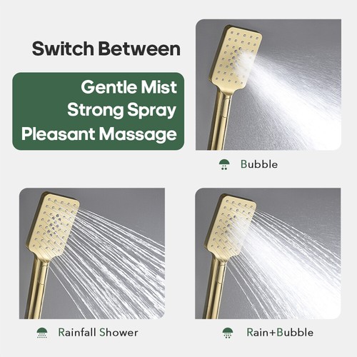 Brushed Gold Hand Held Shower Head 3-Mode Sqaure and 1.5m Flexible Hose Bathroom - Picture 2 of 6