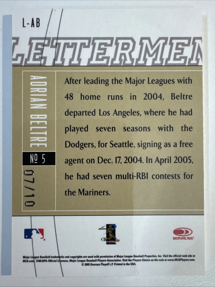 Camiseta deportiva Donruss Leaf Limited 2005 Adrian Beltre Lettermen parche automático #/10 #L-AB Foto 2 de 2