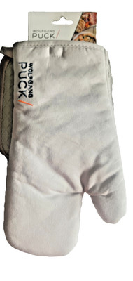 Wolfgang Puck Kitchen Oven Mitt Pot Holder Silicone Grips Embroidered Light Gray