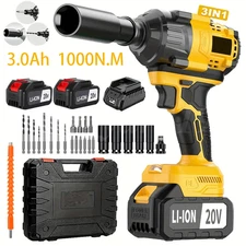 1000Nm Cordless Impact Wrench Gun 1/2'' Brushless High Power Driver W/2*Battery