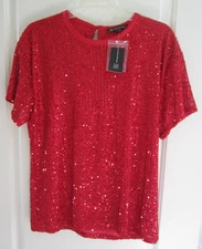 INC International Concepts Women's Size L Red Sequin Keyhole Neck Holiday NWT