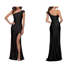 La Femme One-Shoulder Shiny Jersey Gown Black Size 12 NWT