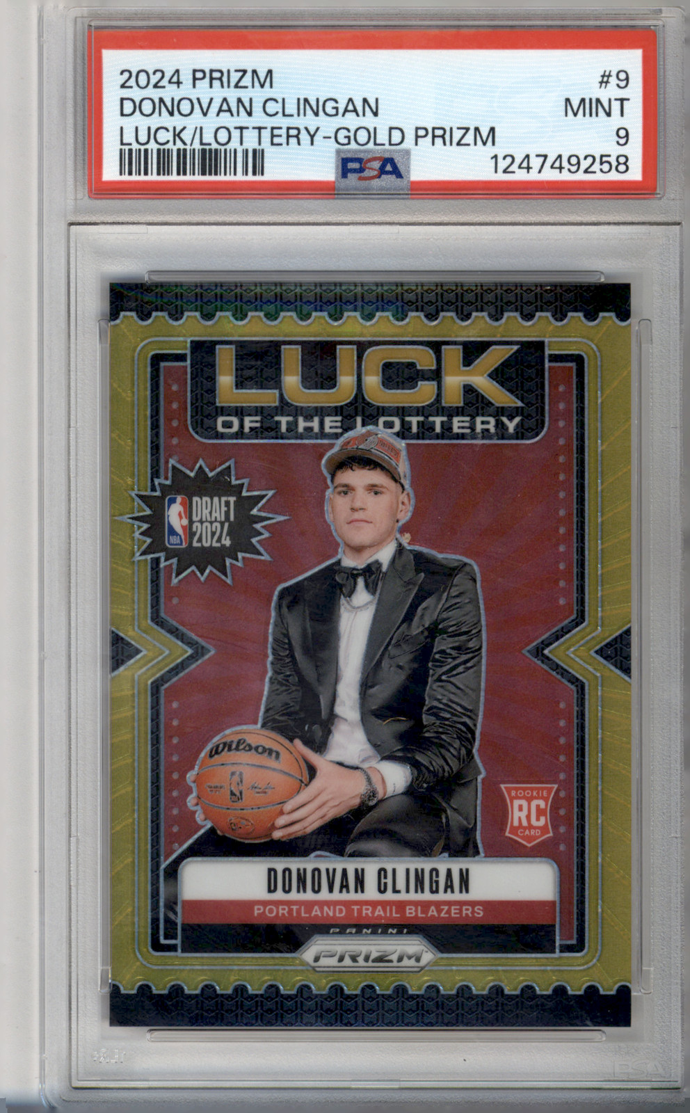 2024 Prizm Luck of the Lottery Gold #9 Donovan Clingan RC Rookie /10 PSA 9