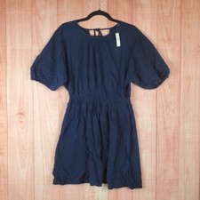 Madewell Cutout-Back Mini Dress Women's Large Navy Blue Pleated Dolman Sleeve