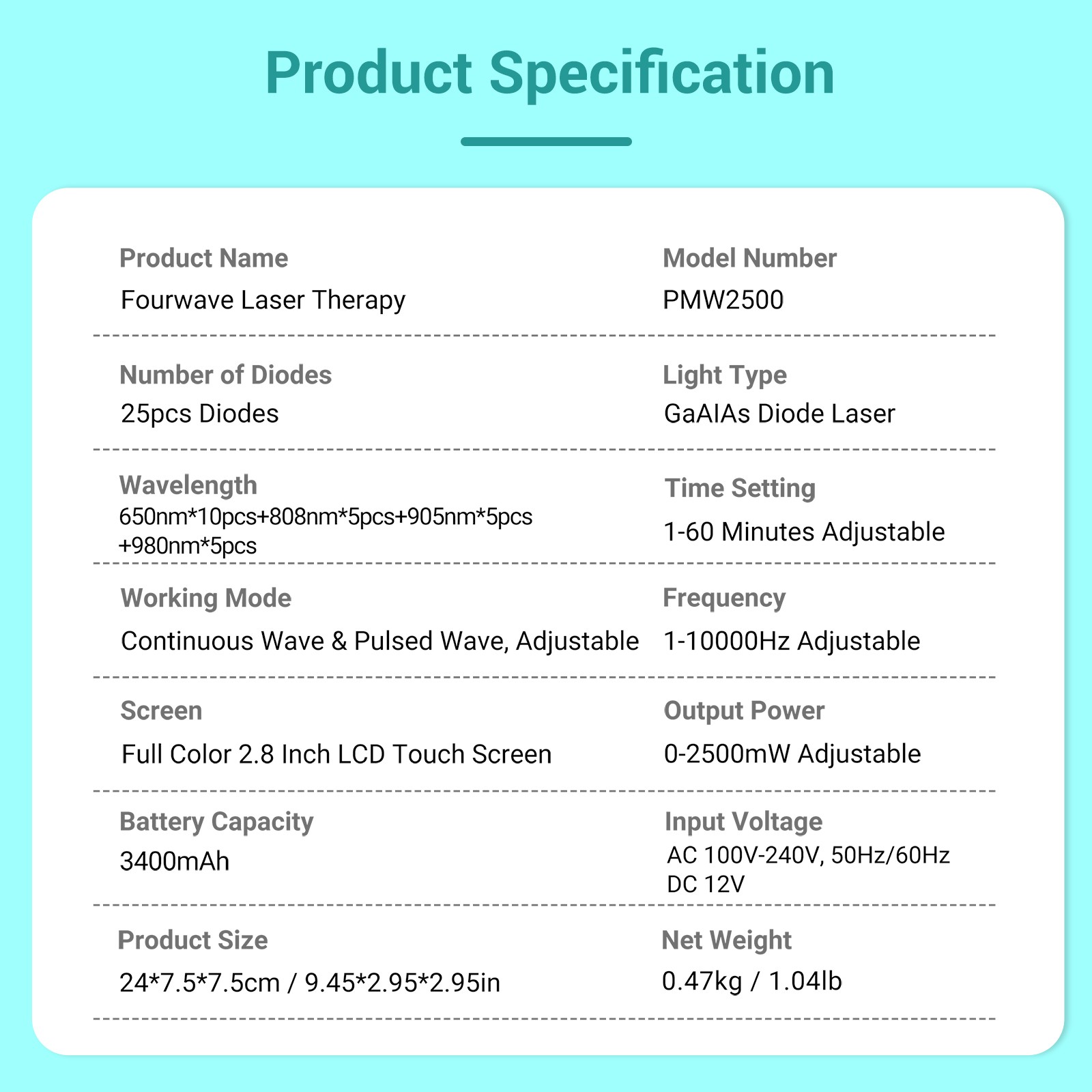 2500mW Fourwave Cold Laser Therapy Red Light Device for Pain Relief 25 Diodes