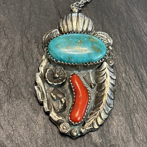 Navajo Statement Turquoise Coral Sterling Silver Pendant Vintage Lovely Large 55