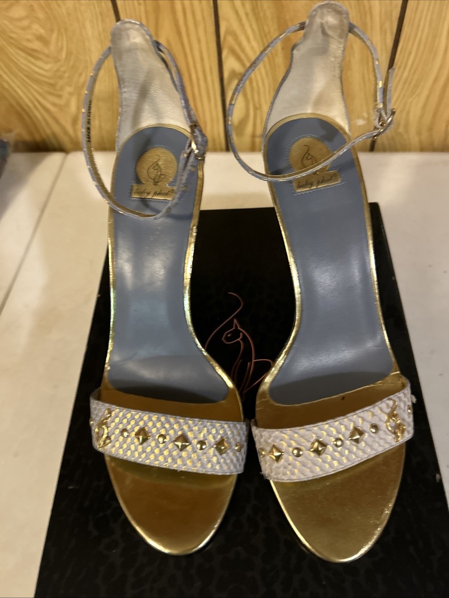 Baby Phat Blue Denim Wedge Heel Strappy Peep Toe Heels Shoes Women's 8B Logo