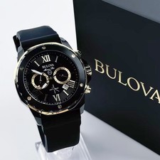 Bulova Marine Star 98B278 Men's Quartz Watch Black Dial Black Rubber Strap 44mm