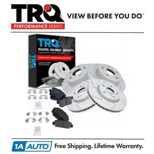 TRQ Front & Rear Ceramic Brake Pad & Performance Drilled Slotted Coated Rotors