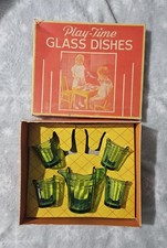 Akro Agate Play-Time Glass Dishes Uranium Glass No 1025 Green Water Set