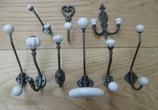 WHITE ceramic ANTIQUE IRON Cast iron Rustic Robe hat and coat hooks vintage old