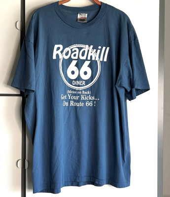 VTG 90s Route 66 T-Shirt Roadkill Diner Single Stitch Sz XL Blue 2-Sided Funny