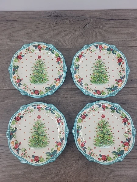 The Pioneer Woman Cheerful Rose 4 Piece Decorated Teal Plates | New Open Box